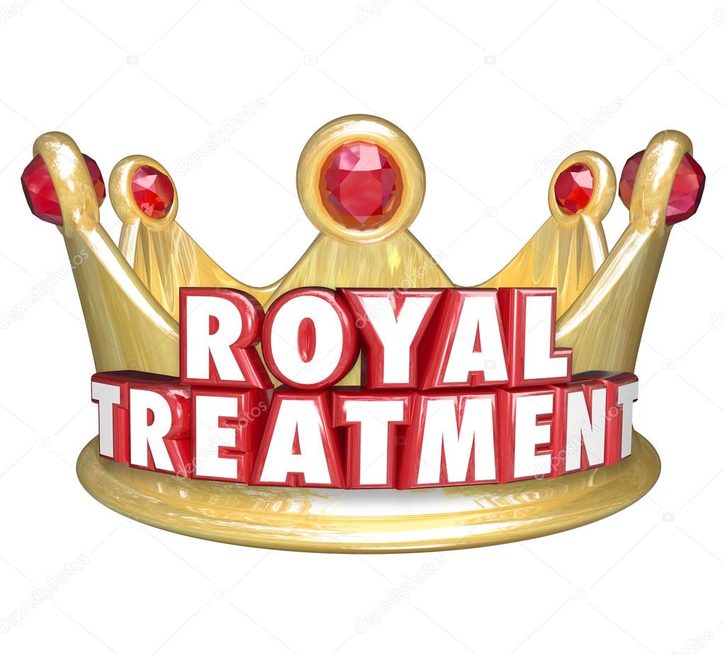 Royal Treatment words in red 3d letters on a gold crown