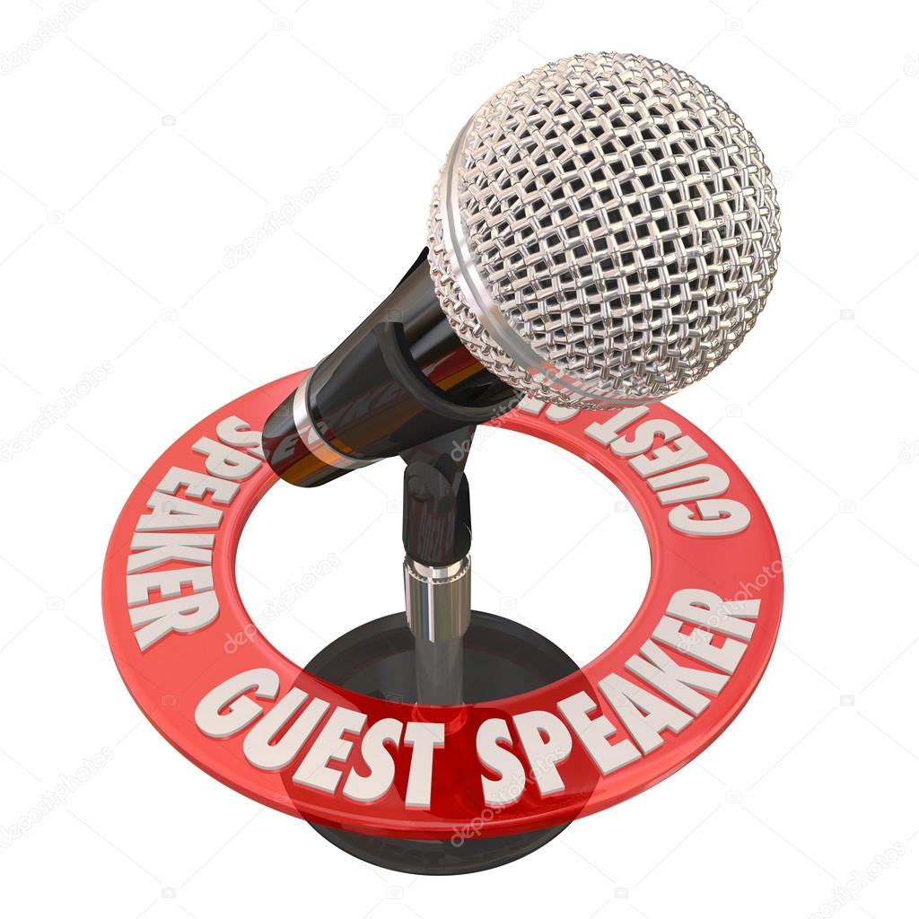 Guest Speaker words in a ring around a microphone
