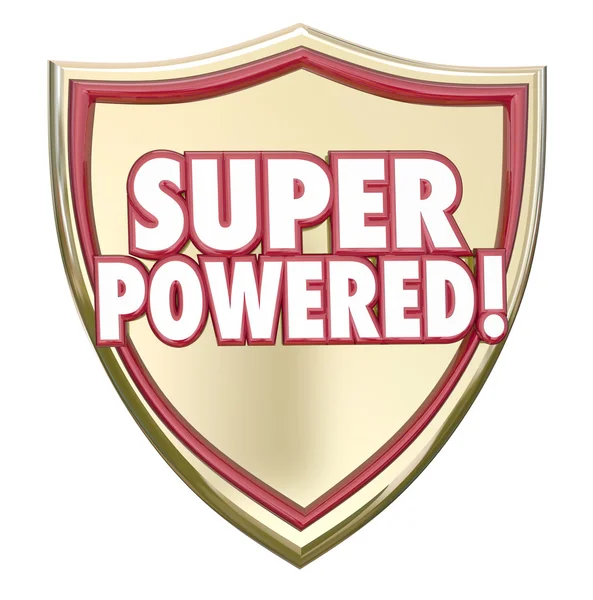 Super Powered palavras em um escudo 3d ouro — Fotografia de Stock