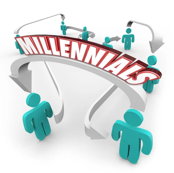 Millennials word on an arrow connecting young people — Stock Photo, Image