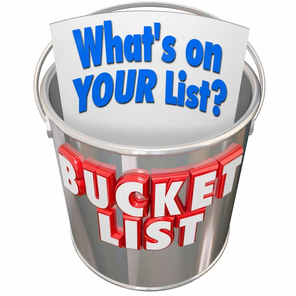 What 's On Your Bucket List words on a metal pail — стоковое фото