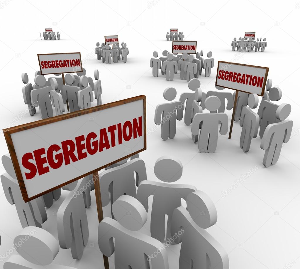 Segregation words on signs with groups of people