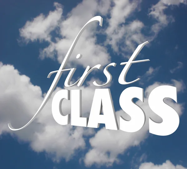 Eerste klasse woorden in witte 3D-letters op een blauwe bewolkte hemel — Stockfoto