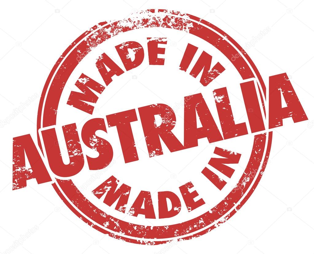 Made in Australia words in red ink and grunge style stamp