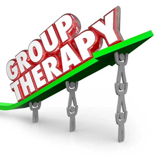 Terapia di gruppo parole in lettere rosse 3d su una freccia verde — Foto Stock