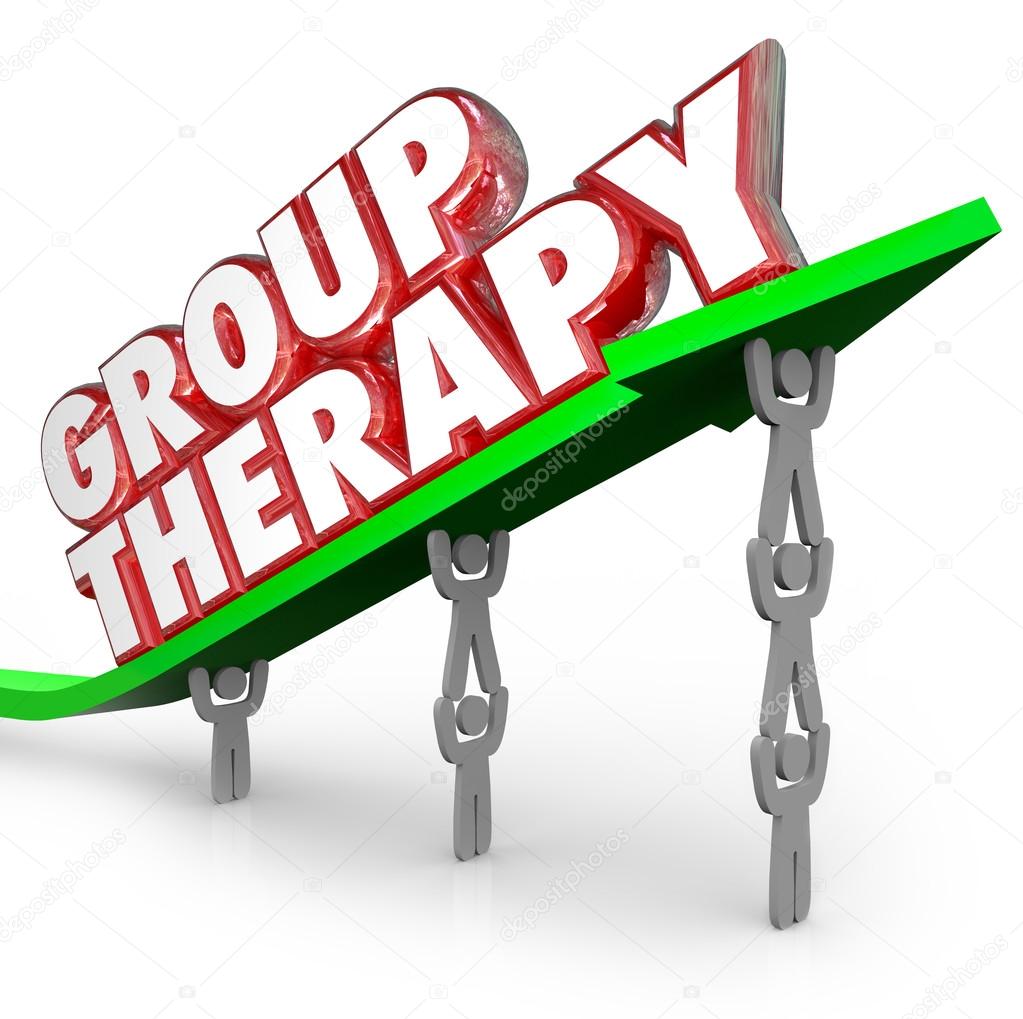 Group Therapy words in red 3d letters on a green arrow