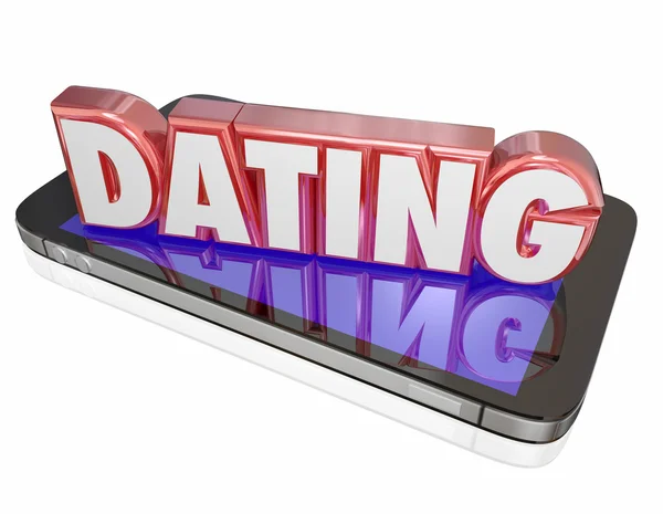 Dating-Wort in roten 3D-Buchstaben auf einem Smartphone oder Mobiltelefon — Stockfoto