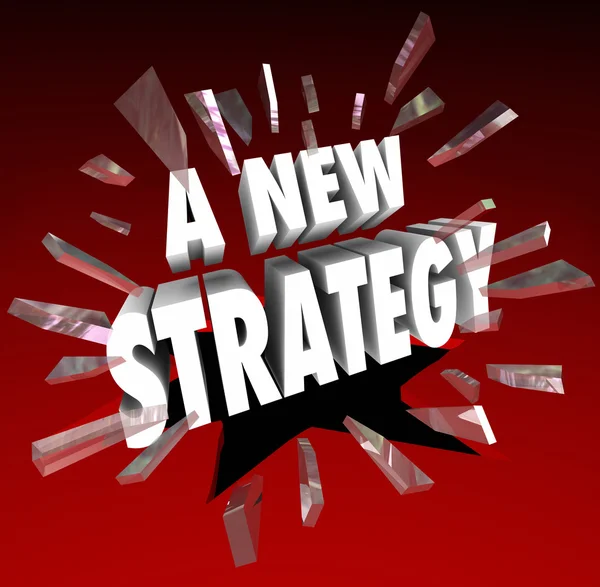 Egy új stratégia szavak áttörve piros üveg fehér 3d betűkkel — Stock Fotó