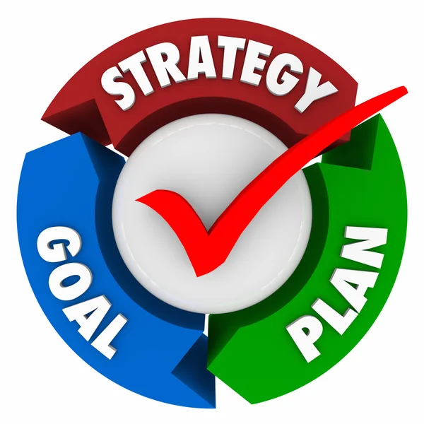 Stratégia, a cél és a terv szavakat a nyilak a körkörös minta vagy diagram — Stock Fotó