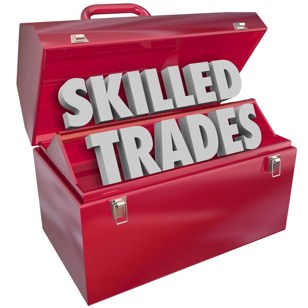 Skilled Trades words in 3d letters in a red metal toolbox
