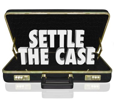 Settle the Case words in white 3d letters in a black leather briefcase clipart