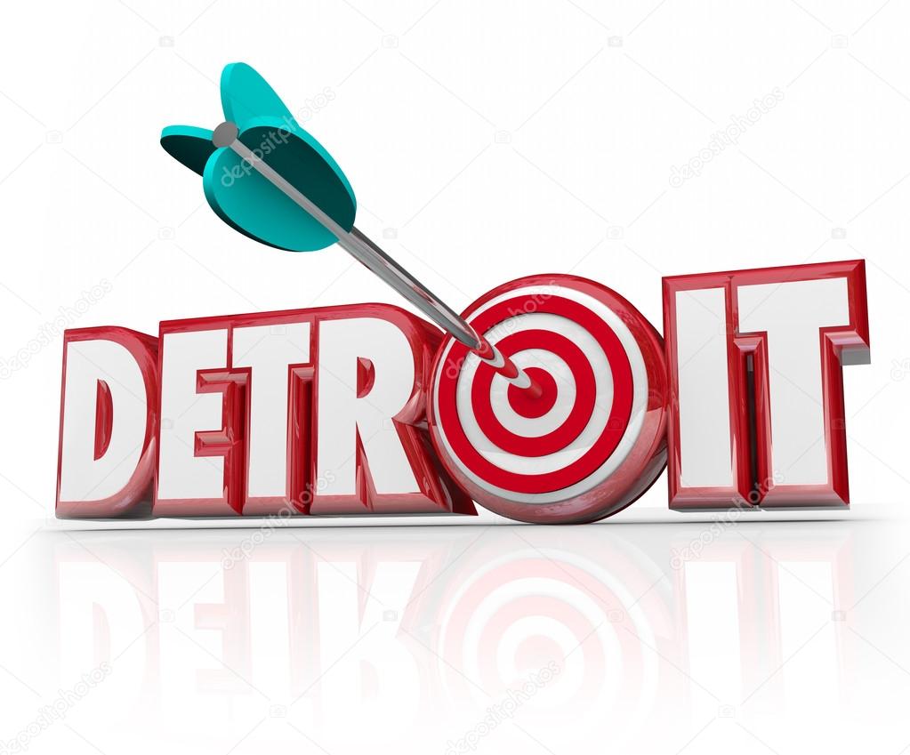 Detroit word in red 3d letters and an arrow in a target or bulls-eye in the letter O to illustrate focus on the motor city or auto industry