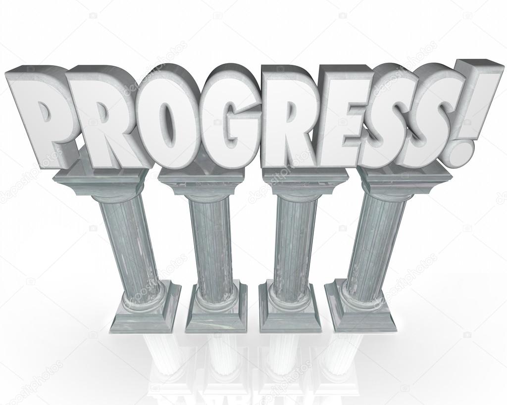 Progress word in 3d letters on stone or marble columns
