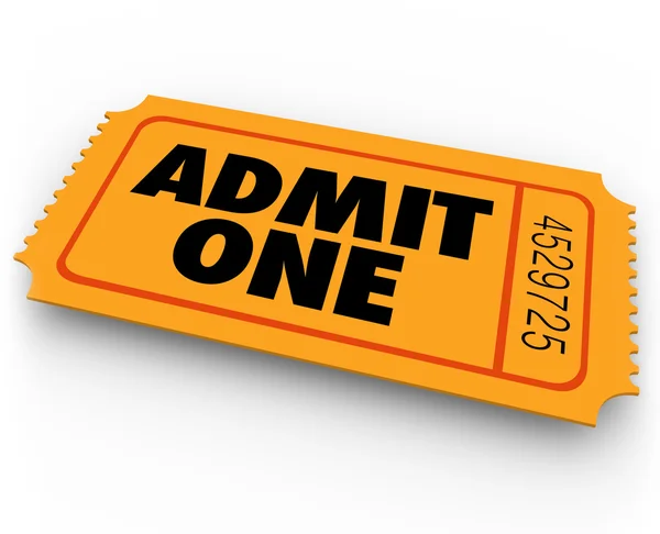 Admit One words on an orange ticket — Zdjęcie stockowe