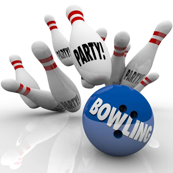 Bowling Party words on a ball striking pins — Stock Photo, Image