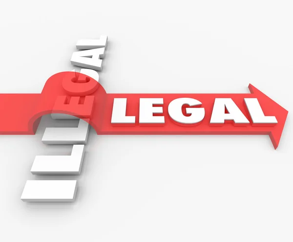 Legale versus illegale recht rode pijl Over woord schuldig of onschuldig — Stockfoto
