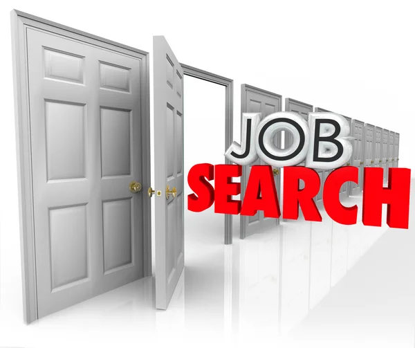 Job Search words in 3d letters coming out an open door — Stock Photo, Image