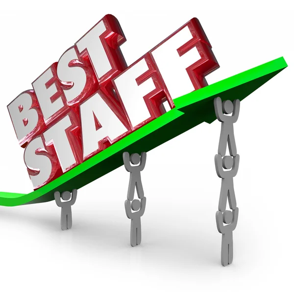 Best Staff words in 3d letters on an arrow lifted by employees — Stock Photo, Image