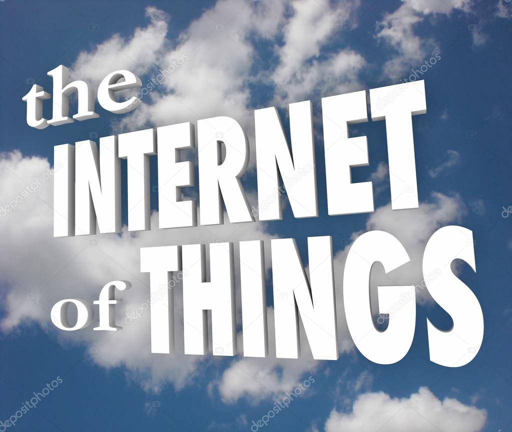 The Internet of Things words in white 3d letters in a cloudy sky