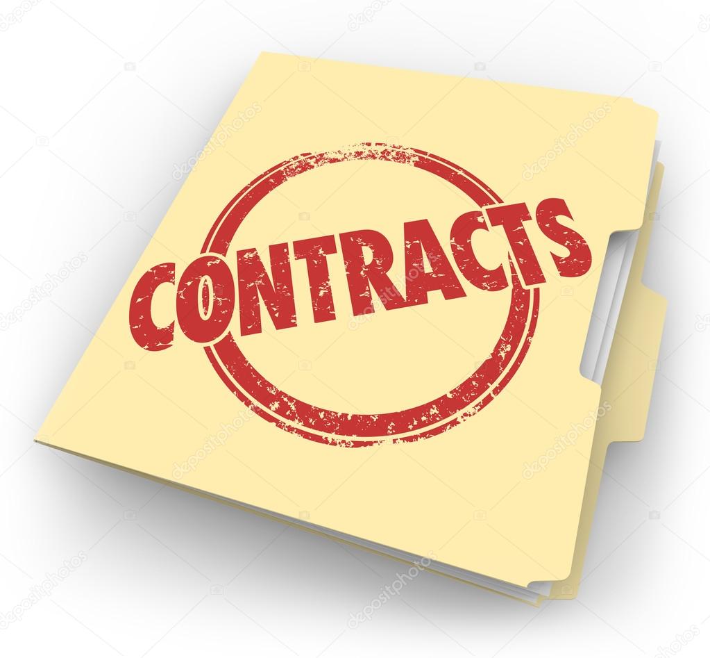 Contracts word  stamped on a manila folder full of agreements