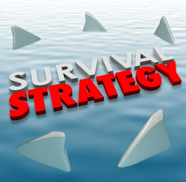 Survival Strategy 3d words on water surrounded by shark fins — Stock Photo, Image