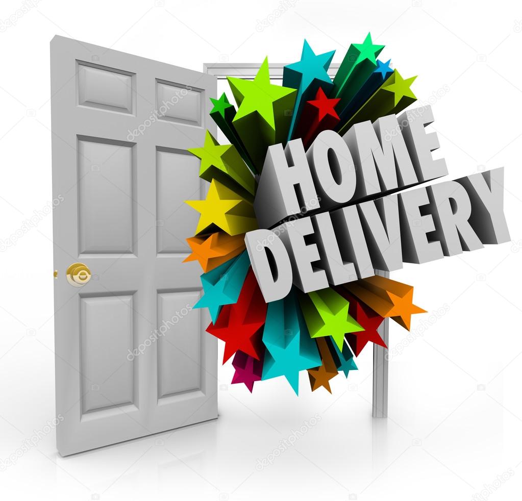 Home Delivery words in 3d letters coming in an open door