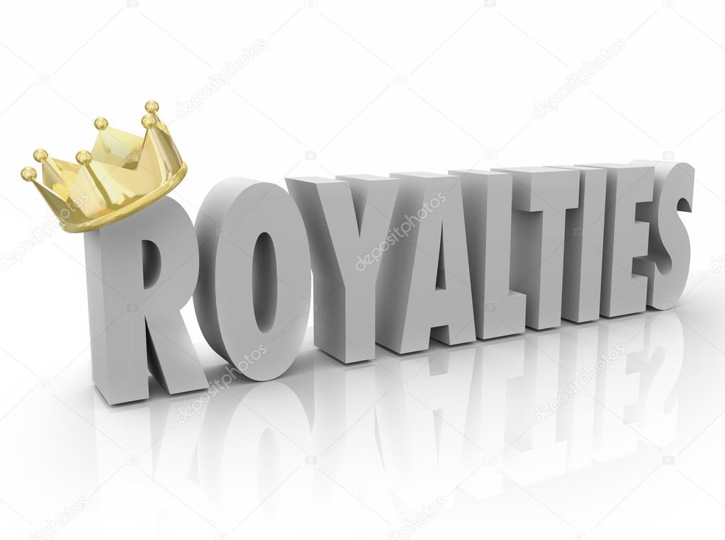 Royalties word in white 3d letters and gold crown
