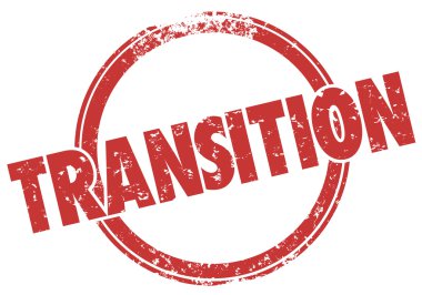 Transition word in a red round stamp in grunge ink style