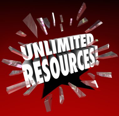 Unlimited Resources 3d words breaking through red glass