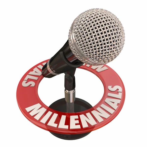Millennials word around a microphone — Stockfoto