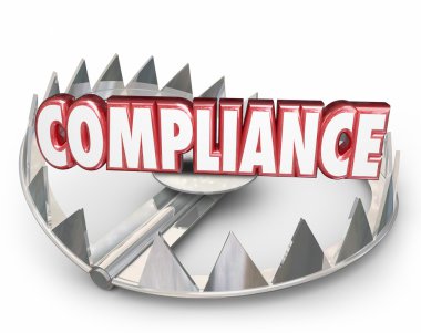 Compliance word in red 3d letters on a steel bear trap clipart