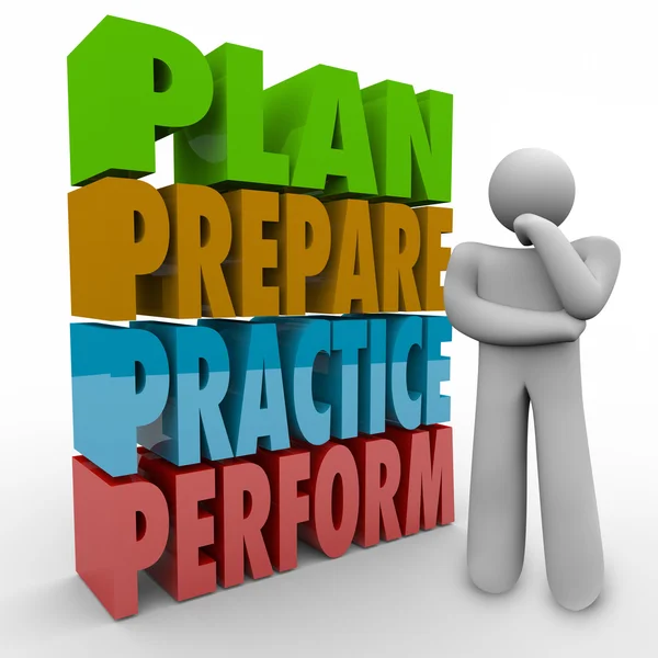 Plan, Prepare, Practice and Perform words — Zdjęcie stockowe