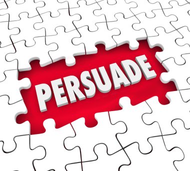 Persuade word in 3d letters in a hole in puzzle pieces clipart