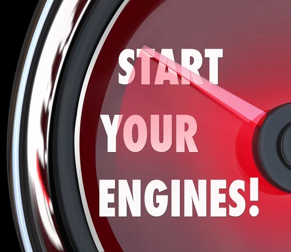 Start Your Engines words on a red speedometer — Stock Photo, Image