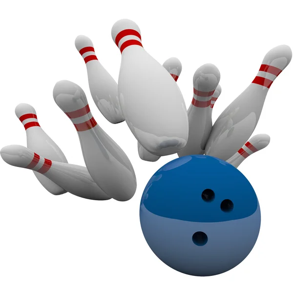 Blue Bowling Ball Striking Pins — Stock Photo, Image