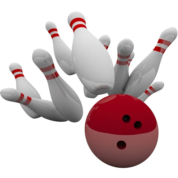 Red Bowling Ball and pins - Stock Photo, Image. 