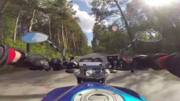 Montar una motocicleta en carretera forestal — Vídeo de stock