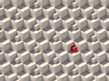 Sırayla büyük beton küplerle çevrili küçük kırmızı bir küpün çizimi.