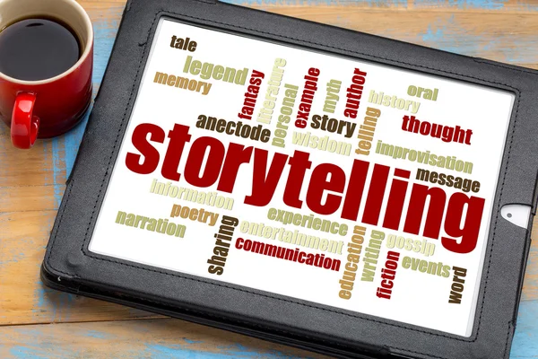 Storytelling nuvem palavra no tablet — Fotografia de Stock