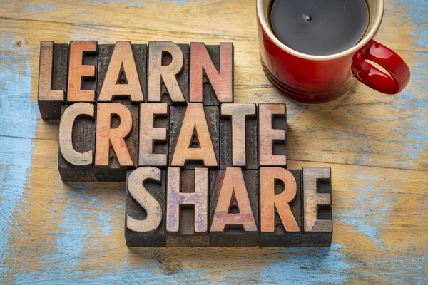 Learn, create, share in wood type — Stock Photo, Image