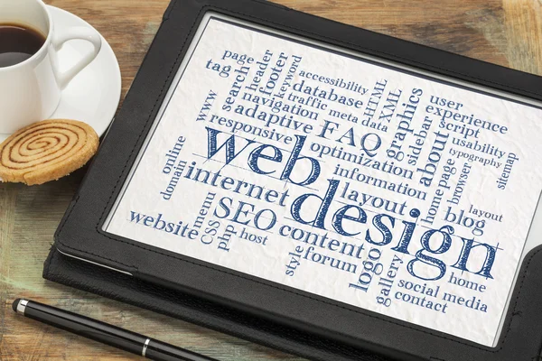 Web design word cloud på Tablet PC — Stockfoto