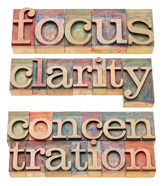 Fokus, Klarheit und Konzentration Worte — Stockfoto