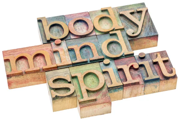 Body, mind, spirit concept in wood type — Stock Photo, Image