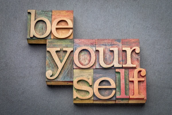 Be yourself word abstract in wood type — Stock Photo, Image