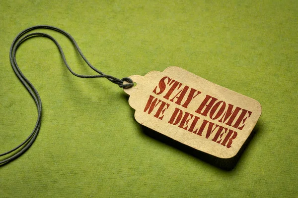 Stay Home Deliver Paper Price Tag Green Background Conscious Shopping — Stock Photo, Image