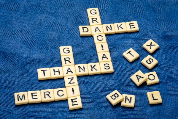 Grazie Diverse Lingue Cruciverba Piastrelle Lettera Avorio Contro Carta Testurizzata — Foto Stock