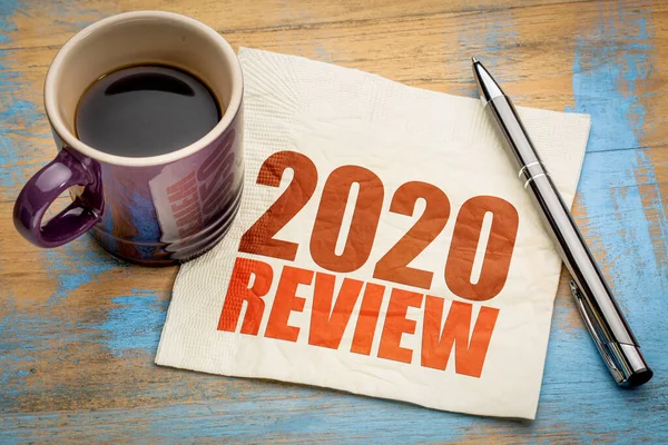 2020 Year Review Text Napkin Cup Coffee End Year Business — Stock Photo, Image