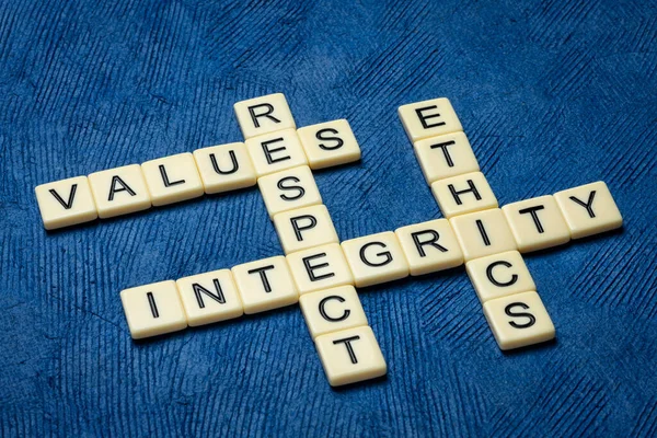 Integrity Respect Values Ethics Crossword Ivory Letters Textured Handmade Blue — Stock Photo, Image