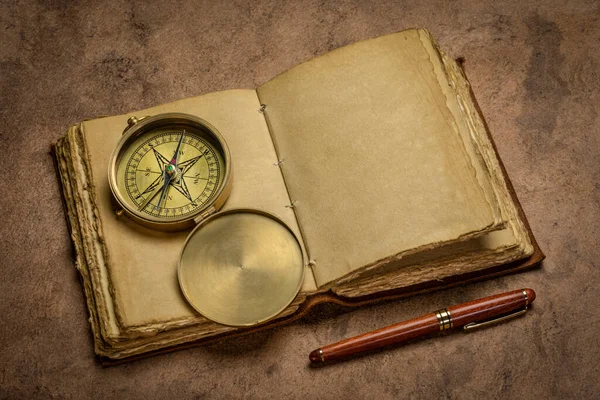 antique leather-bound journal with decked edge handmade paper pages  on a rustic wooden table with a stylish pen and vintage brass compass, journaling concept