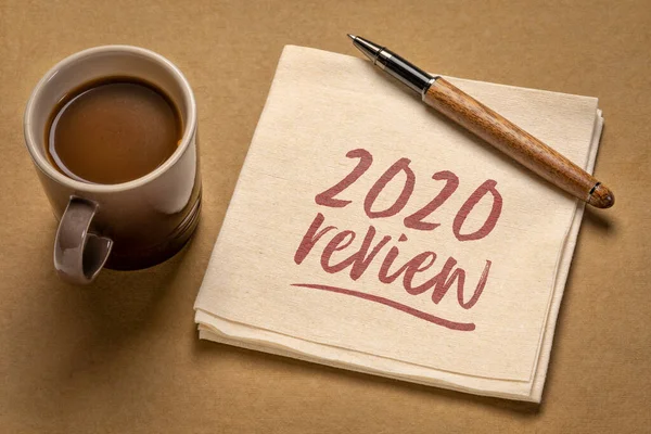 2020 Year Review Handwriting Napkin Cup Coffee End Year Business — Stock Photo, Image